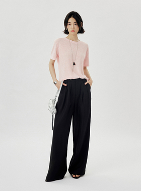 CLMX 轻盈微透苎麻混纺纱线面料简约圆领上衣修身显瘦百搭短袖T恤