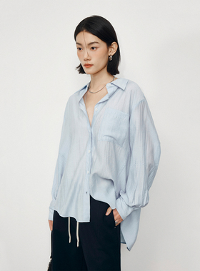 CLMX 自然时装感水洗缩皱衬衫面料 浅春系造型感收腰扣袢廓形衬衫