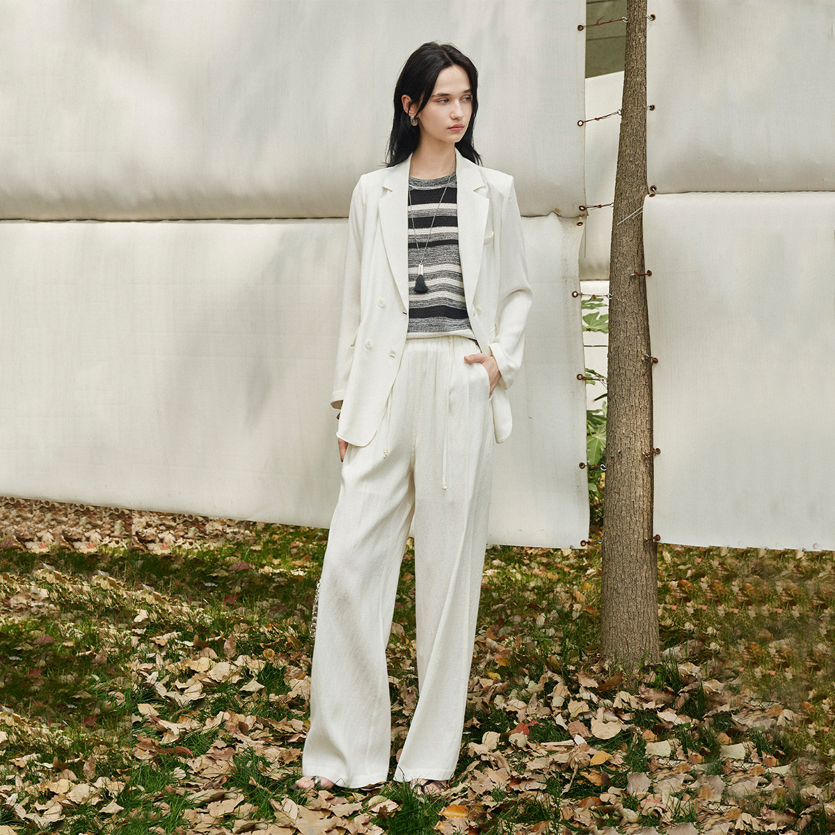 CLMX 垂顺亚麻粘纤混纺面料 复古老钱风双排扣西装/松紧腰阔腿裤