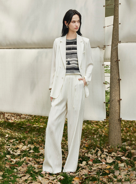 CLMX 垂顺亚麻粘纤混纺面料 复古老钱风双排扣西装/松紧腰阔腿裤