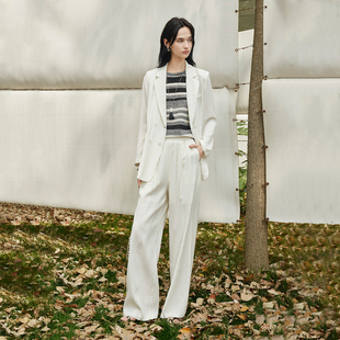 松紧腰阔腿裤 复古老钱风双排扣西装 垂顺亚麻粘纤混纺面料 CLMX