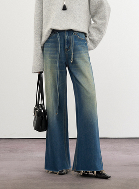 CLMX细腰带宽松阔腿牛仔裤轻柔骨感棉纤维牛仔面料复古水洗长裤女