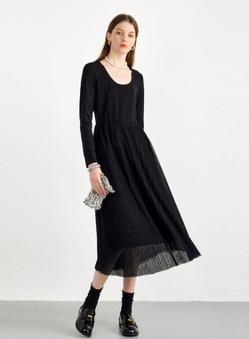 CLMX自由张弛 奢美之姿怺不过时 修身针织灵动网纱拼接连衣裙