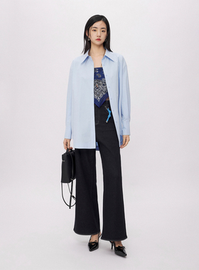 CLMX100%棉衬衫面料触感亲肤透气经典淡彩色系翻领暗门襟长袖衬衫