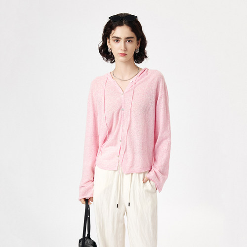 亚麻混纺纱线连帽抽绳针织衫