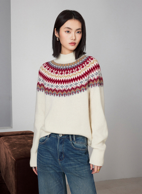 CLMX16支绵羊毛纱线蓬松柔软亲肤复古多彩费尔岛提花高领套头毛衣