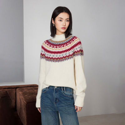 CLMX16支绵羊毛纱线蓬松柔软亲肤复古多彩费尔岛提花高领套头毛衣