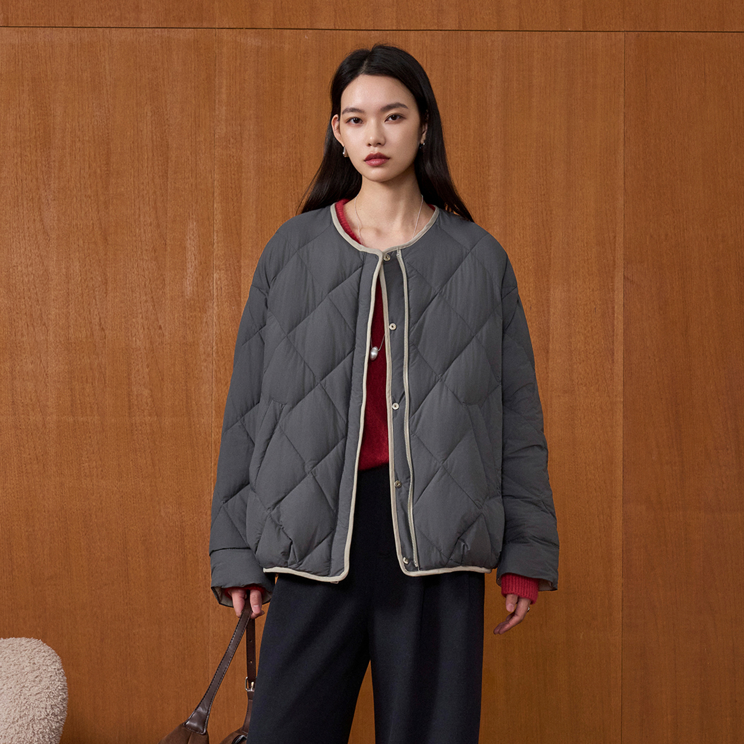 CLMX双色正反两穿圆领羽绒服莱赛尔锦纶混纺秋冬通勤上衣外套女