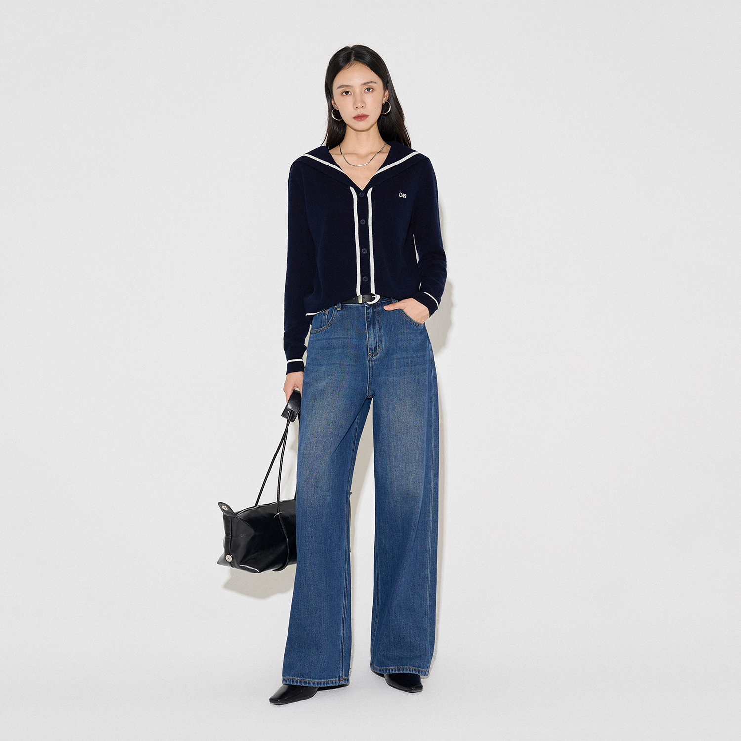 CLMX复古翻领拼色长袖针织开衫12针全羊毛纱线秋季休闲上衣女