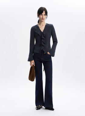 CLMX显瘦有型微喇修身叠衩牛仔裤水洗工艺棉混纺面料秋季通勤裤子