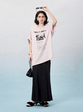 CLMX夏季休闲通勤上衣莱赛尔汉麻面混纺面料复古印花T恤女