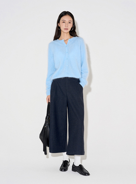 CLMX复古花纱后腰橡筋宽松阔腿八分裤羊毛混纺秋季通勤裤子女