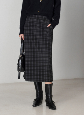 CLMX 粘胶混纺四面微弹格纹针织布简约H型挺阔直筒修型显瘦半身裙