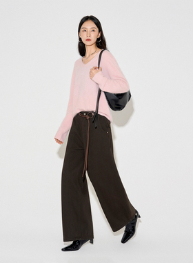 CLMX秋冬纯色通勤拼接阔腿裤棉莱赛尔混纺粗斜纹面料休闲廓形长裤