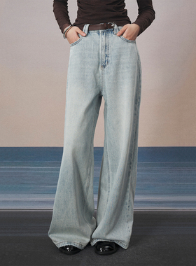 CLMX 甄选微弹棉莱赛尔斜纹牛仔 复古蓝调宽松牛仔裤赠深棕长腰带