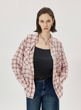 CLMX 复古色织格纹轻盈感人棉面料 时髦度假风格纹双口袋宽松衬衫