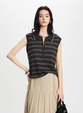 CLMX无袖翻领POLO背心柔软亲肤巴素兰羊毛混纺纱线条纹上衣