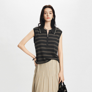 CLMX无袖翻领POLO背心柔软亲肤巴素兰羊毛混纺纱线条纹上衣