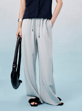 CLMX夏季简约通勤宽松阔腿裤子雾光感亲肤锦混纺面料抽绳直筒裤女