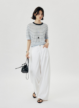 CLMX简约通勤条纹针织上衣干爽透气杂花色腈纶亚麻纱面料短袖T恤