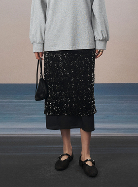 CLMX 高质感奓华珠片刺绣弹力网纱 时髦通勤风璀璨珠片刺绣半身裙