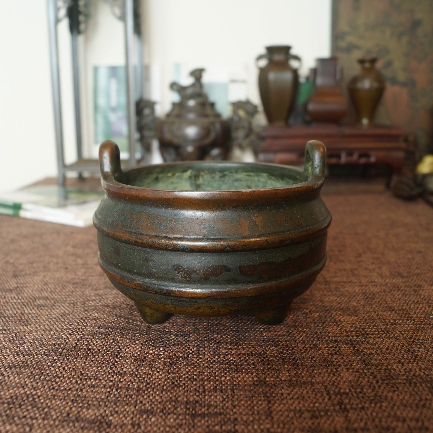 一物一拍苏工铜仿古老皮三线乳足冲耳炉线香盘香宣德炉书房香炉