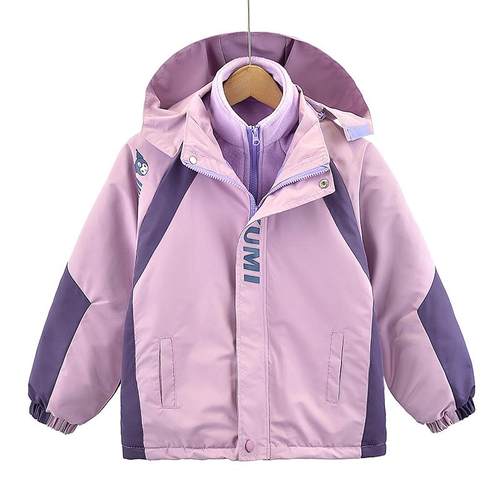 女童秋冬装新款儿童可拆冲锋衣秋加绒加厚卡通拼色三合一夹棉外套