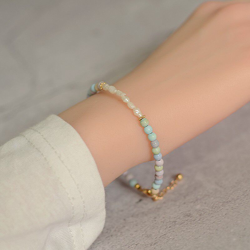 阿拉善彩虹石天然随形小珍珠学生原创简约个性森系百搭手串手链