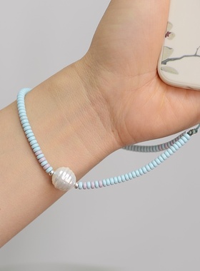 原创设计甜美紫色蓝色仿松石珍珠贝男女通用手机挂绳手机链挂件