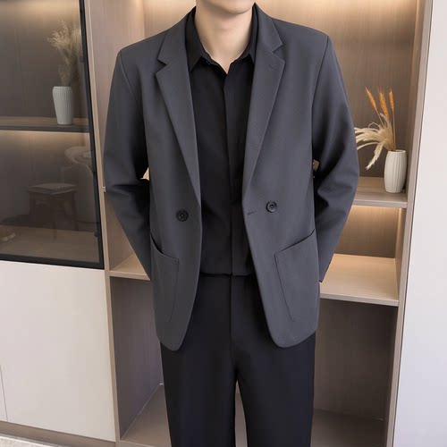 【K39】深灰色宽松双排扣西服男士痞帅商务休闲轻熟风西装外套男