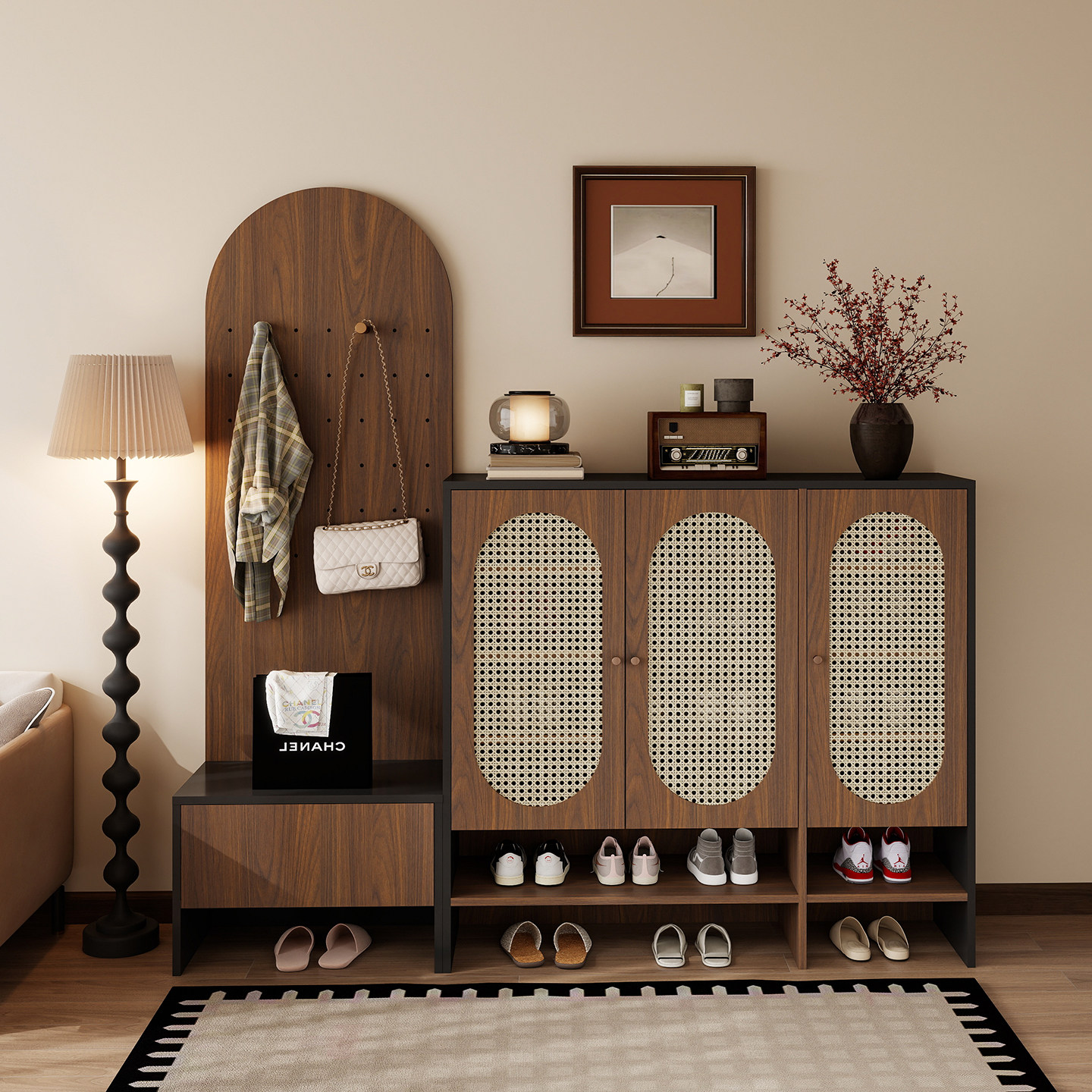 复古风实木藤编鞋柜家用门口入户玄关柜一体靠墙收纳储物柜门厅柜,住宅家具,鞋柜,淘宝优惠券,粉丝福利购,淘宝优惠卷