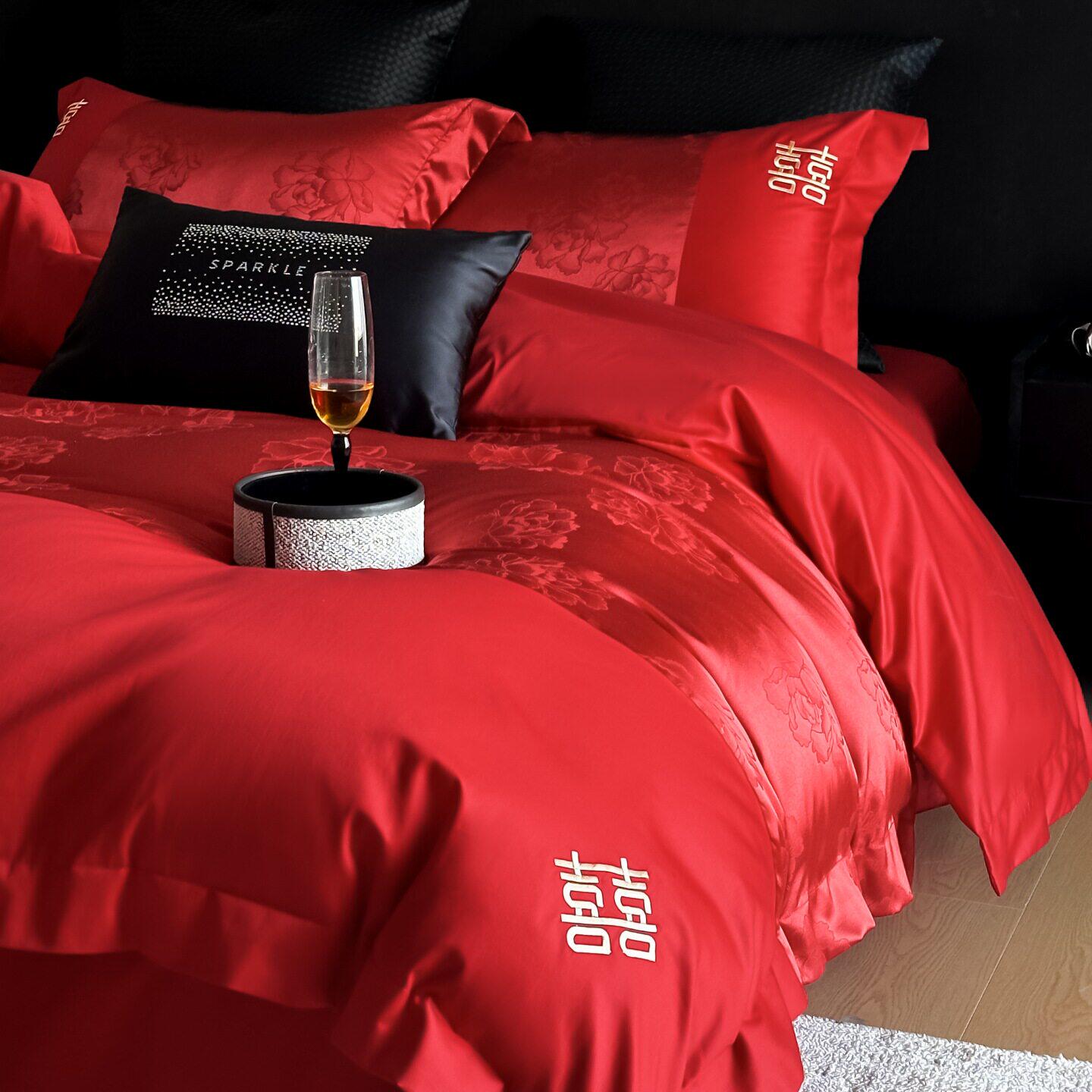 高档中式轻奢结婚四件套红色婚庆喜被套新婚陪嫁床上用品婚房床单