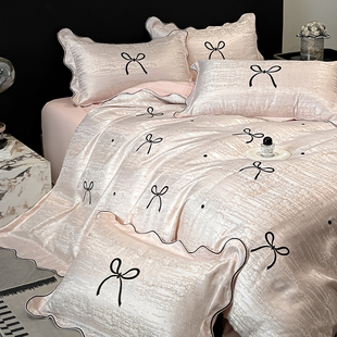 法式 轻奢全棉长绒棉四件套少女蝴蝶结刺绣被套公主奶油风床单床品