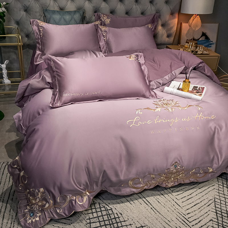 高档奢华欧式纯棉四件套全棉婚庆大红色刺绣被套轻奢结婚床上用品