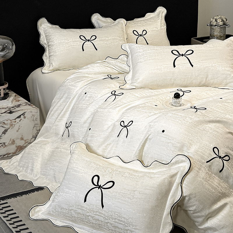 法式轻奢少女蝴蝶结全棉长绒棉四件套公主刺绣被套奶油风床单床品