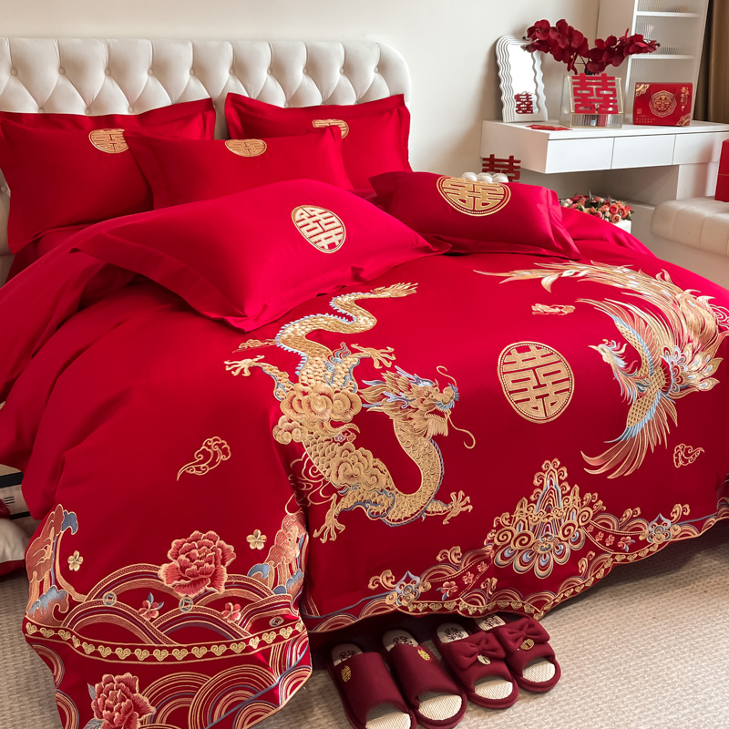高档中式龙凤刺绣结婚四件套大红色被套纯棉婚庆床上用品婚房喜被