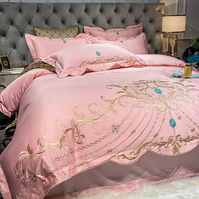 欧式高档奢华刺绣大红色纯棉床单