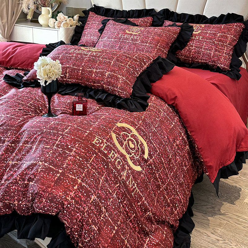 法式浪漫水洗棉婚庆四件套红色陪嫁喜被纯棉结婚床上用品婚房被套,床上用品,婚庆床品套件,淘宝优惠券,粉丝福利购,淘宝优惠卷