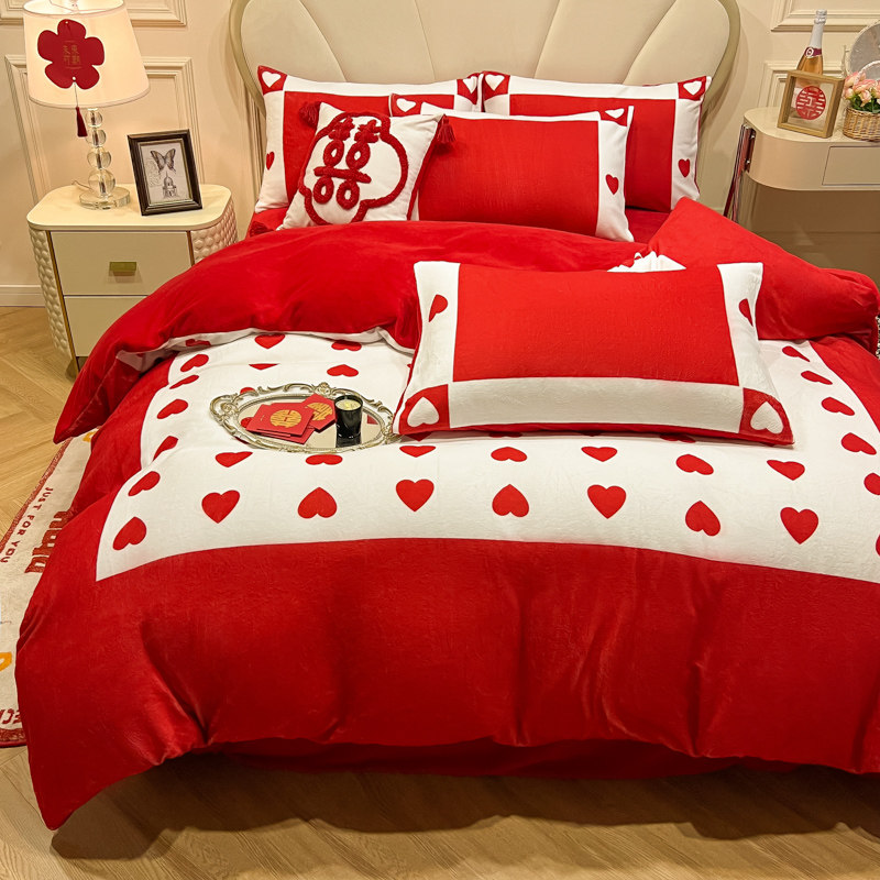 牛奶绒婚庆四件套大红色冬季加厚珊瑚绒加绒被套床单结婚床上用品