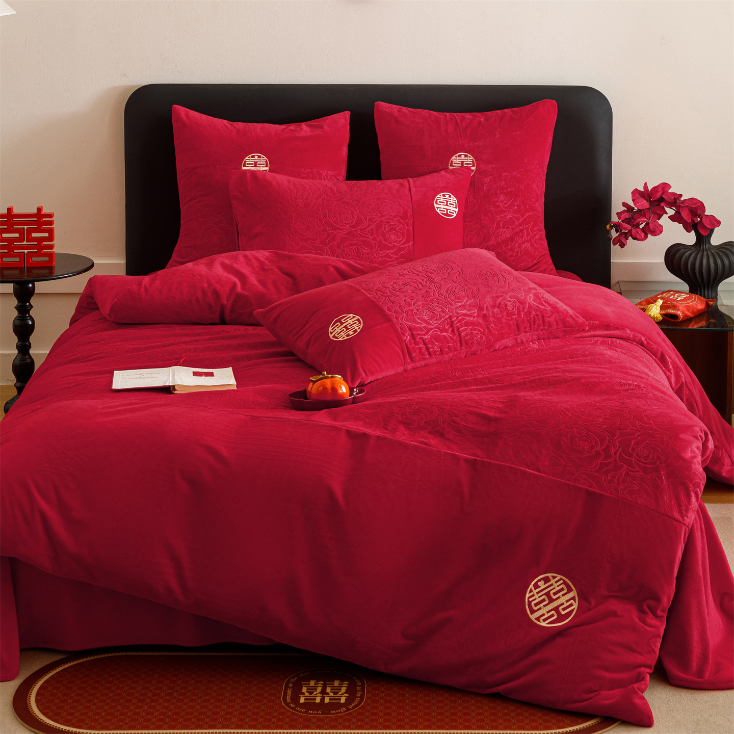 高档牛奶绒结婚四件套2025新款大红色婚庆喜被冬季珊瑚绒床上用品