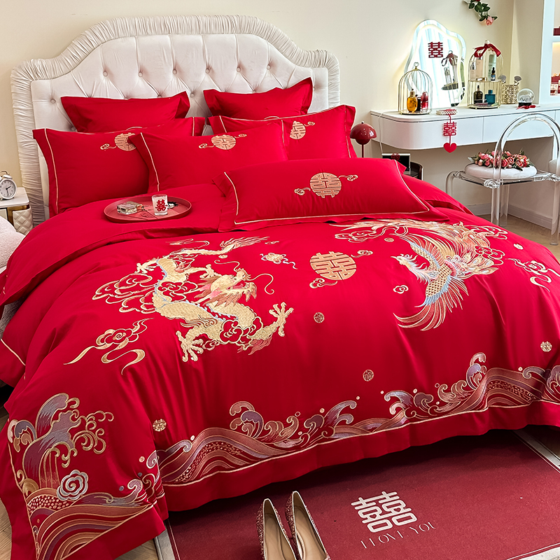 高档龙凤刺绣婚庆四件套大红色新婚陪嫁被套纯棉结婚床上用品婚房