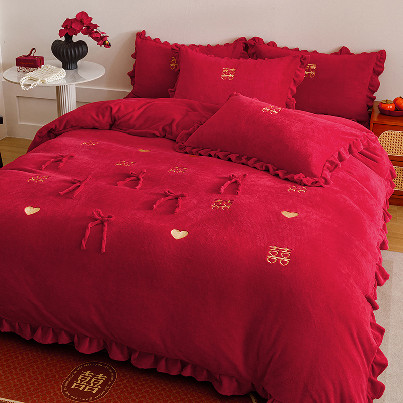 秋冬加厚牛奶绒结婚四件套红色婚庆喜被套珊瑚绒新婚陪嫁床上用品
