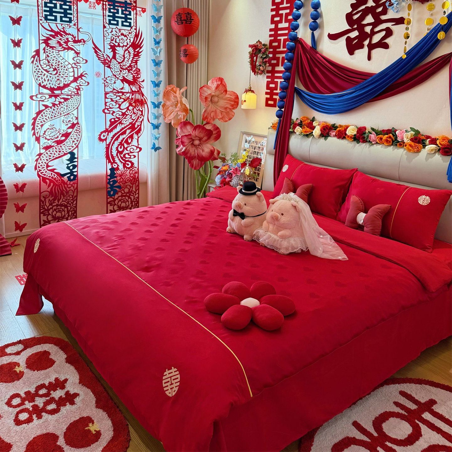 高档简约爱心婚庆四件套红色新婚喜被套纯棉陪嫁结婚床上用品婚房