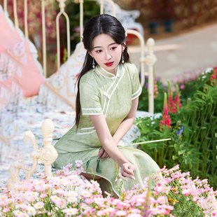 古着新款高档旗袍绿色新中式复古文艺年轻小姐姐连衣裙显瘦夏1336