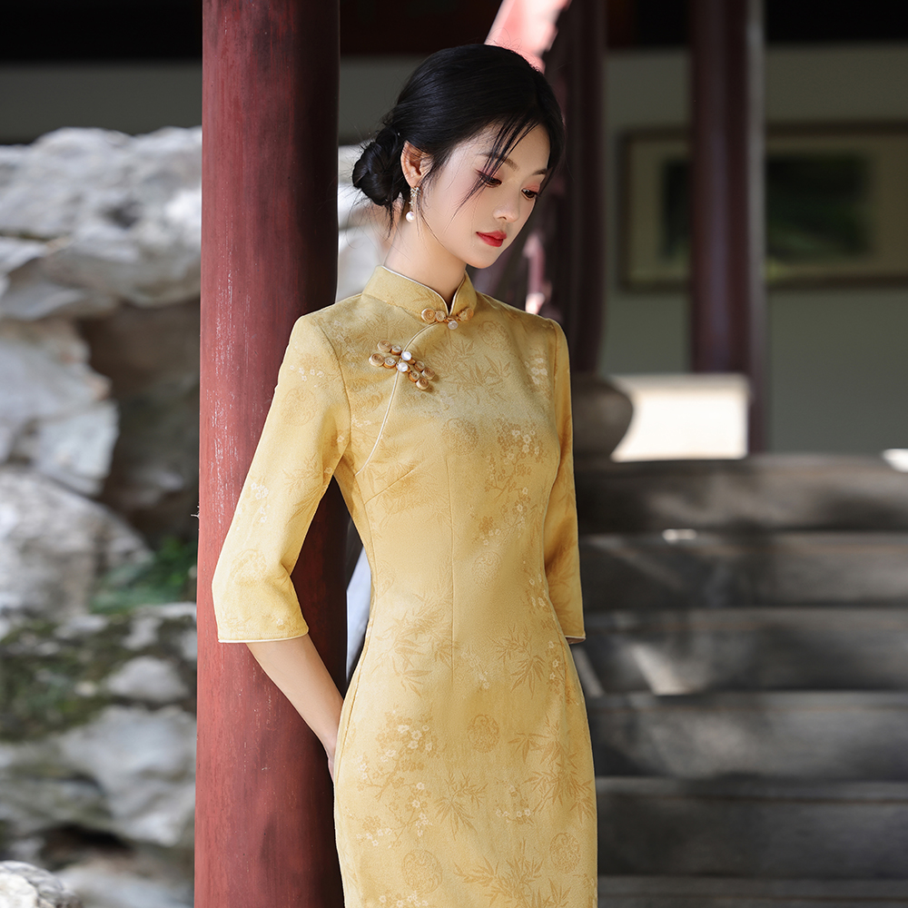 春秋新款旗袍黄色七分袖千金贵气学生小姐姐甜美中式连衣裙女7215