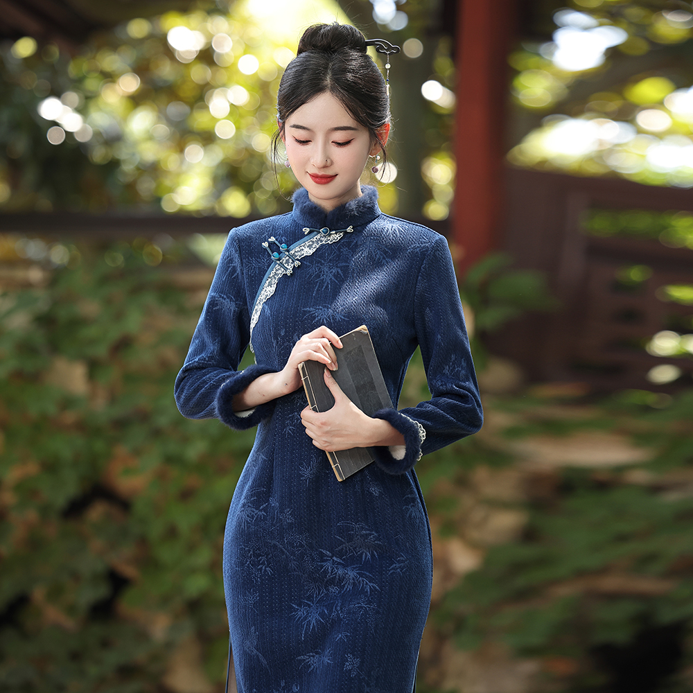 秋冬新款旗袍深蓝色加厚保暖长袖中式复古改良连衣裙气质文艺7208