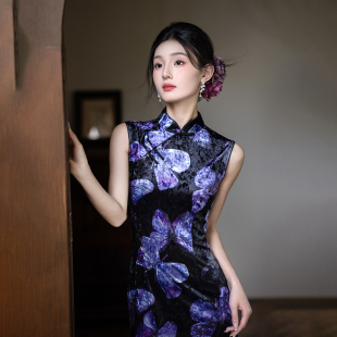 春秋新款 复古改良日常连衣裙大花显瘦7506 丝绒旗袍黑蓝色蝴蝶中式