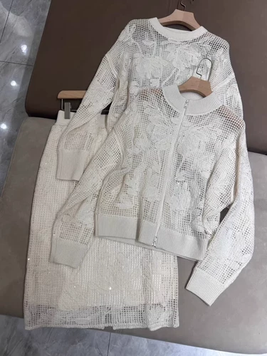 Демисезонный кашемировый комплект с круглым воротником, трикотажный лонгслив с молнией, куртка, блестки для ногтей, юбка, свитер, с вышивкой