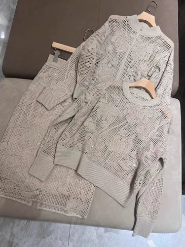 Демисезонный кашемировый комплект с круглым воротником, трикотажный лонгслив с молнией, куртка, блестки для ногтей, юбка, свитер, с вышивкой