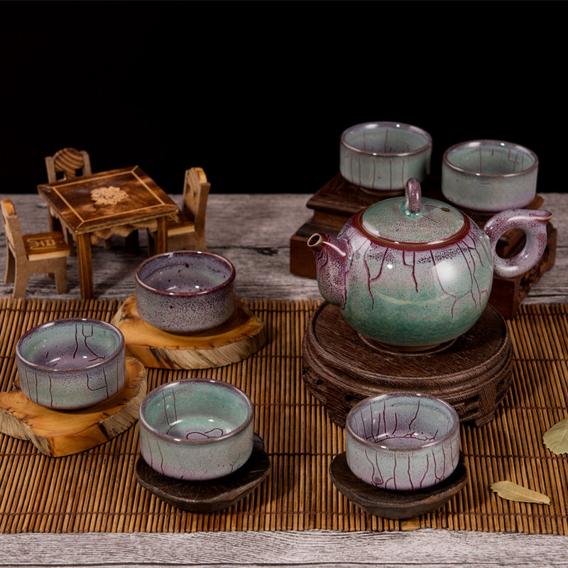 禹州神垕高档钧瓷茶壶套装功夫茶具家用手工陶瓷茶杯泡茶壶礼盒装 - 实物图